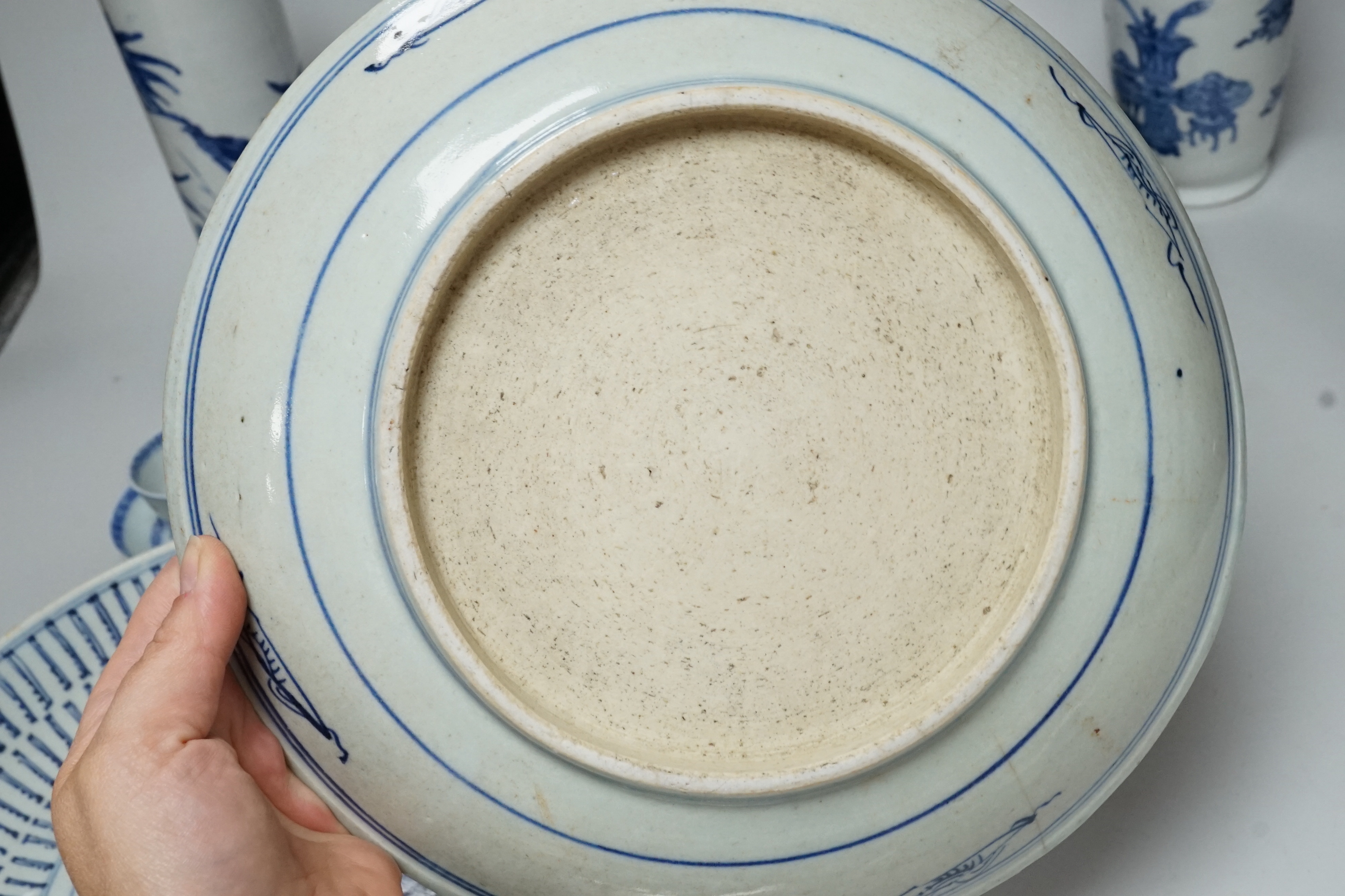 A small Nanking Cargo teabowl and saucer, and other 18th/19th century Chinese blue and white ceramics, tallest 21cm